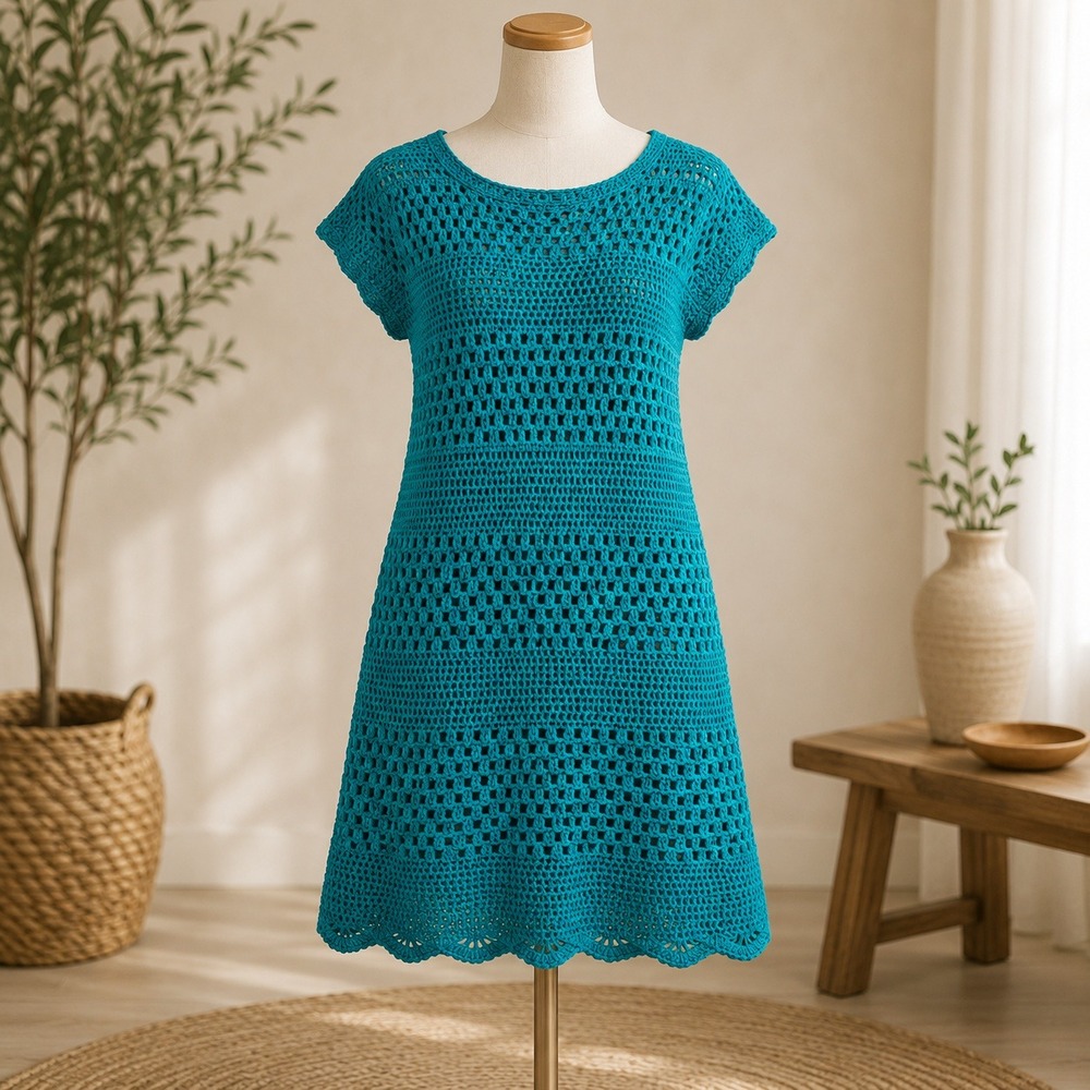 NWT Cupshe‎ Crochet Swim Cover Up Dress Womens Medium Teal Green Open Knit Mini